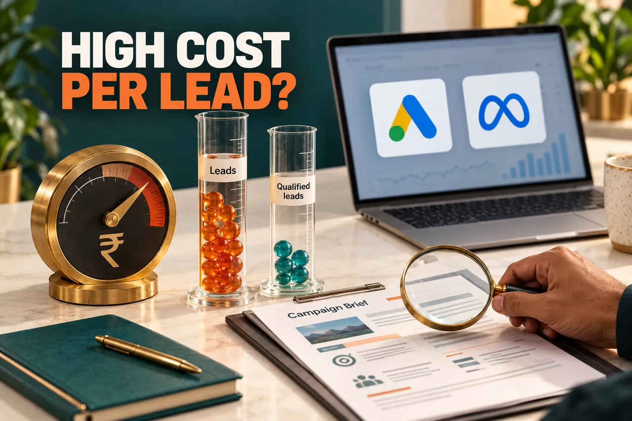 A marketer measuring Leads and Qualified leads beside a rupee-cost dial, Google Ads and Meta identifiers
