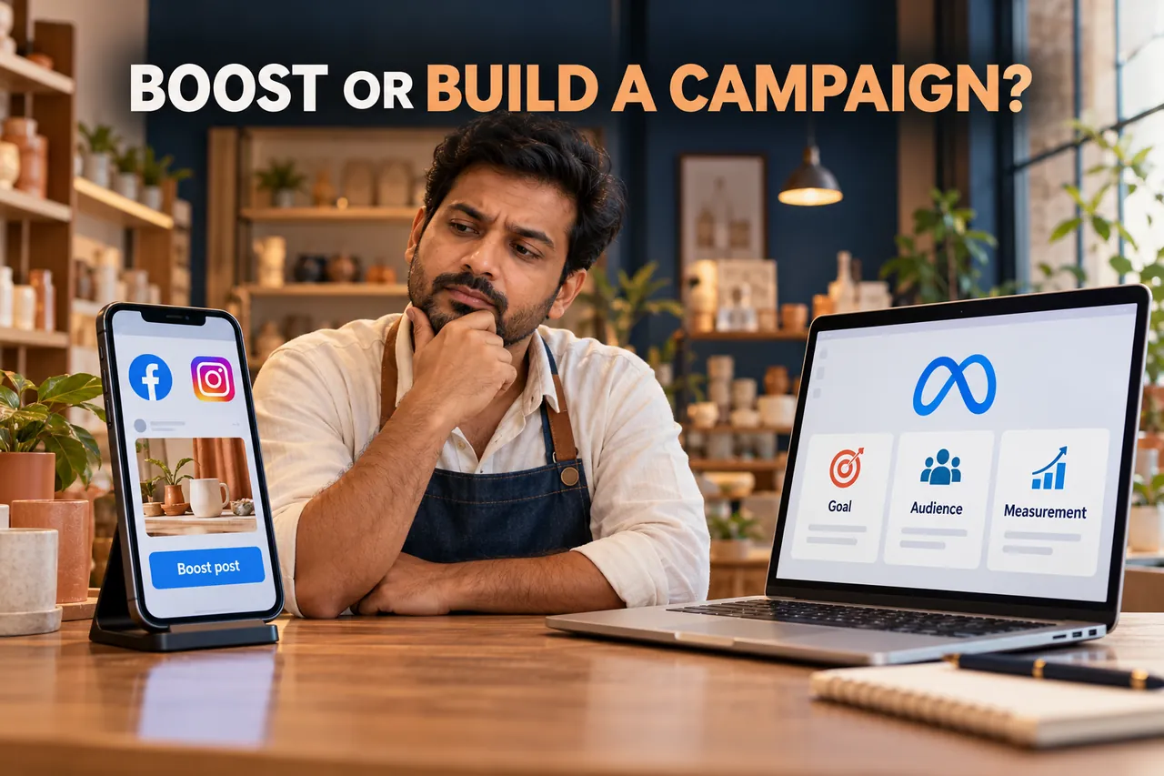 A local shop owner comparing a Facebook and Instagram Boost post phone with a Meta campaign laptop and planning cards