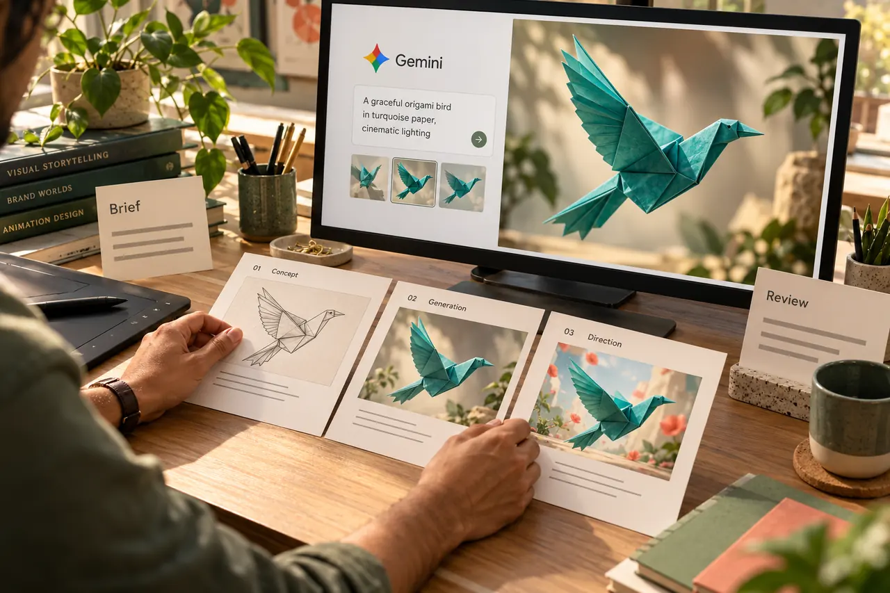 Creative director arranging animation storyboards beside a Gemini generation screen showing the same turquoise origami bird