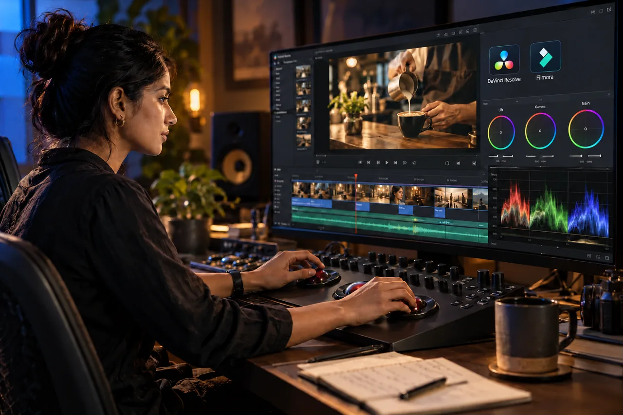 Professional editor using a colour grading console beside a video timeline with DaVinci Resolve and Filmora tool references