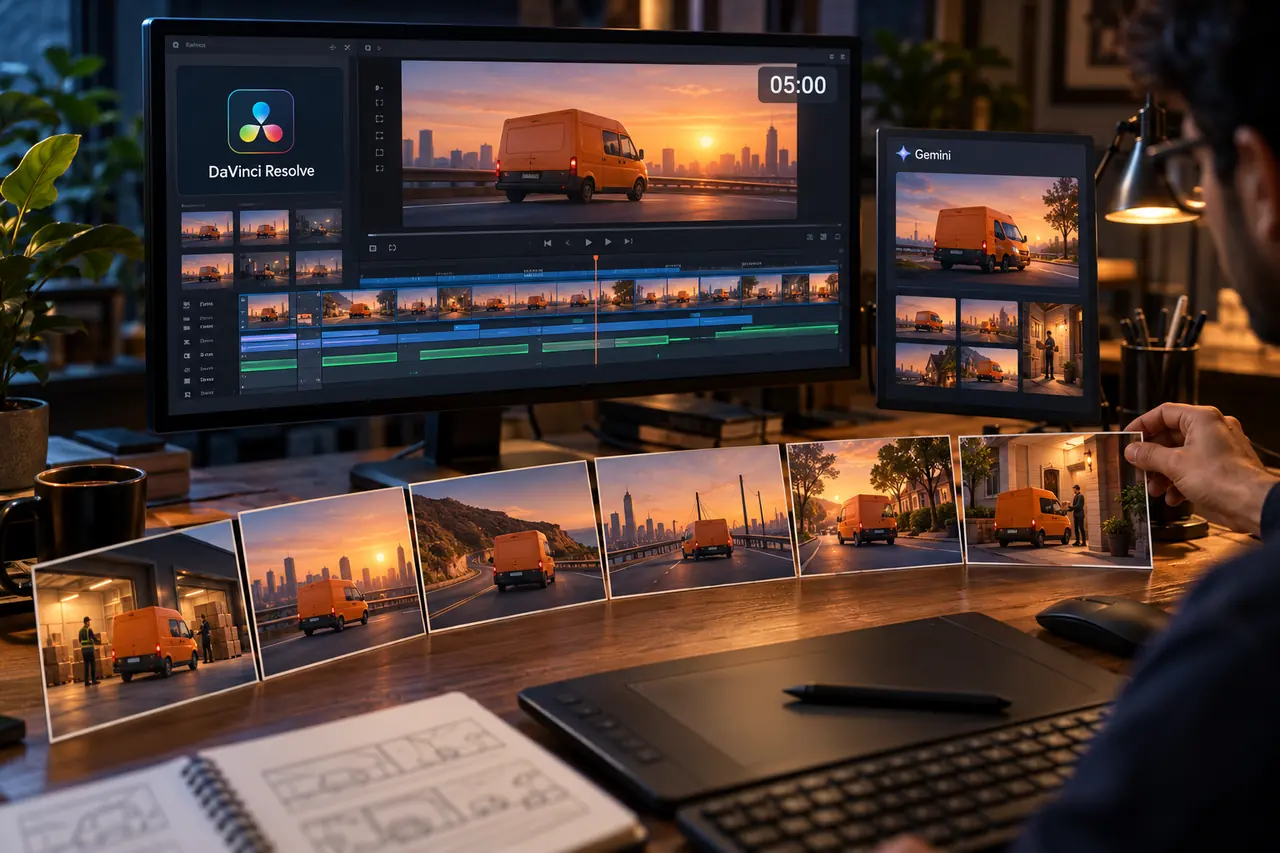 Consistent orange delivery van scenes arranged beside a five-minute animation timeline with Gemini and DaVinci Resolve tool references