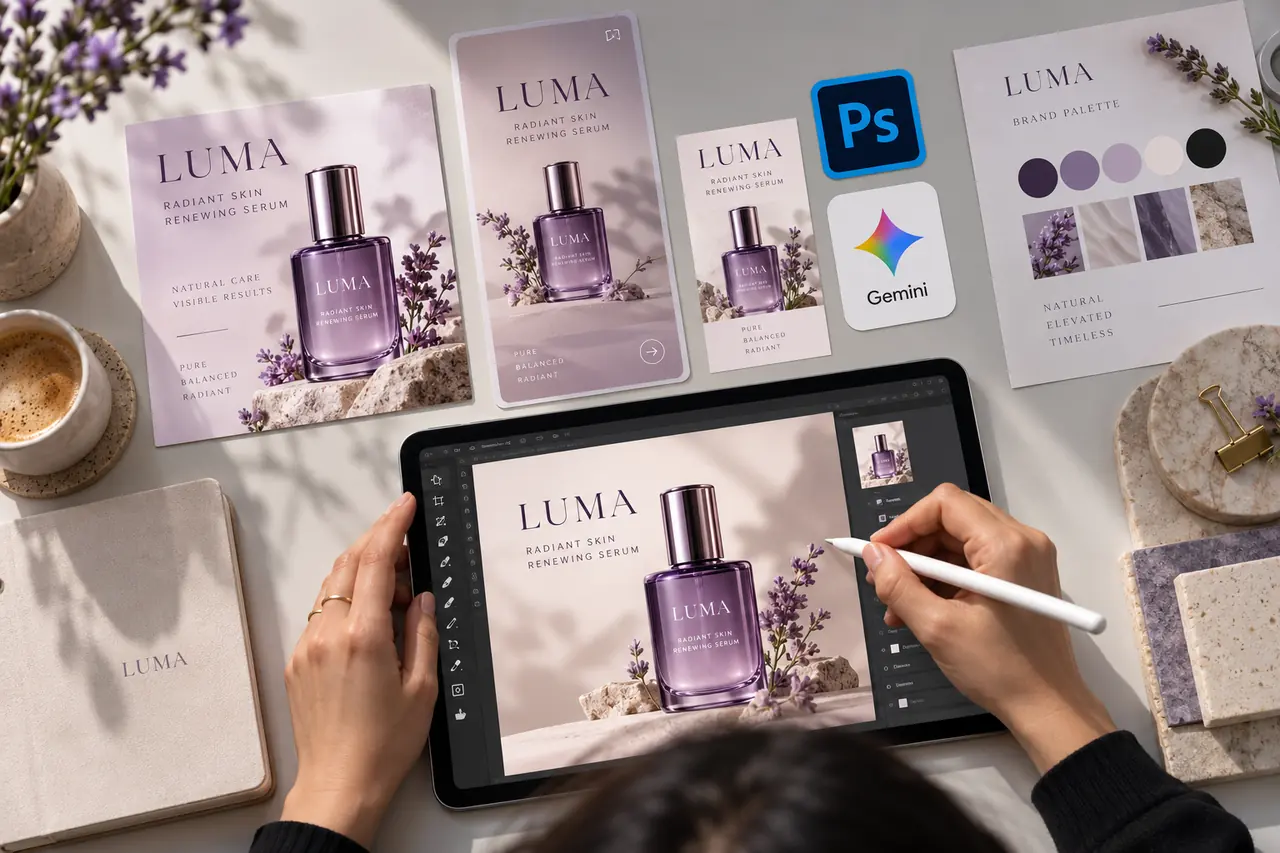 Designer refining a consistent skincare campaign across square and vertical formats with Photoshop and Gemini tools