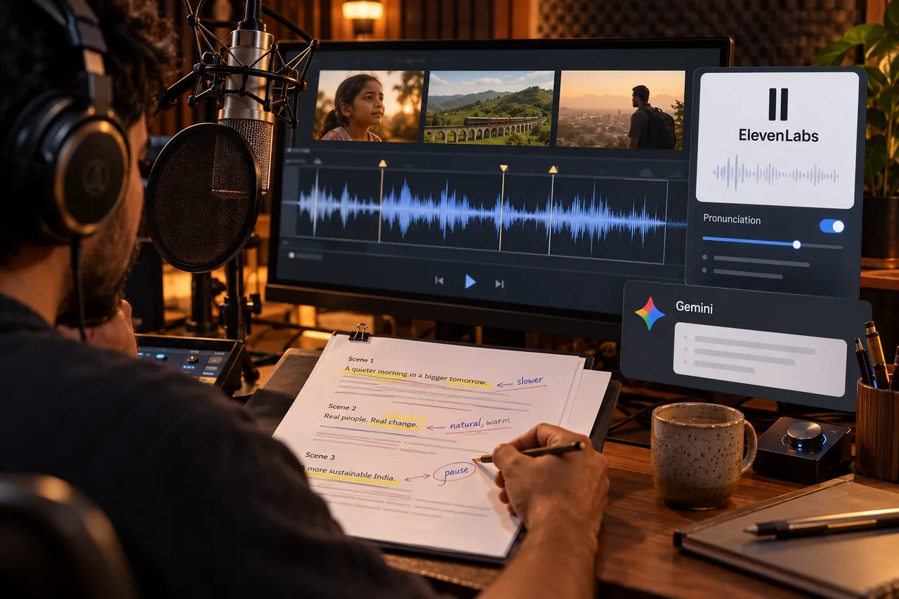 Studio microphone, reviewed script and a voice waveform aligned to video scenes with ElevenLabs and Gemini references