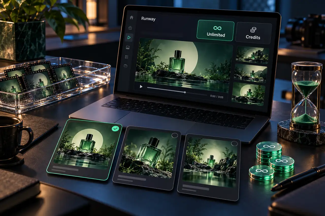 Runway inspired generation workspace with Unlimited and Credits modes, selected scene variations and a small hourglass