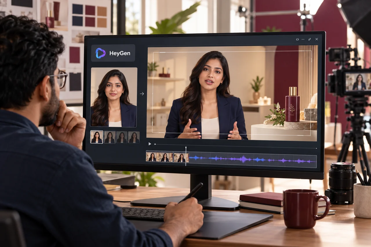 Producer reviewing a fictional business presenter avatar, product insert and voice timing in a HeyGen inspired studio