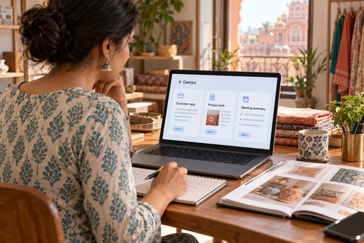 Small business owner reviewing customer reply, product draft and meeting summary cards in an illustrative Gemini workspace